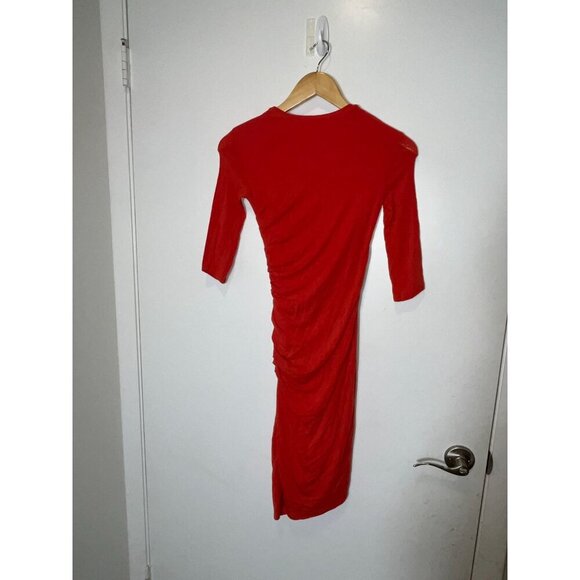 Helmut Lang | Asymmetric Nova Ruched Jersey Fitted Midi Dress Coral Red Size XS - Picture 7 of 10